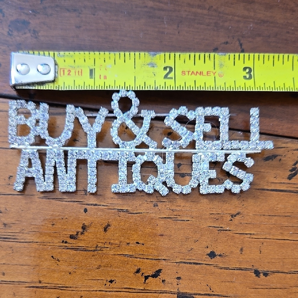 Silver Rhinestone 'Buy & Sell Antiques' Brooch